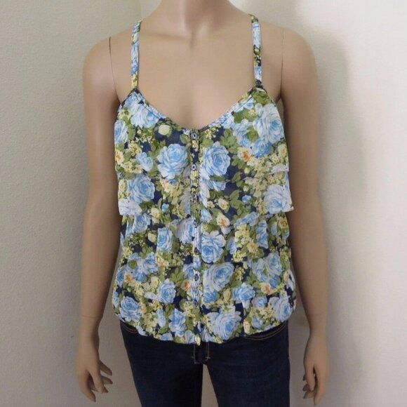 Abercrombie Womens Floral Ruffle Tank Top Size XS Shirt Blue & Green - Picture 1 of 7